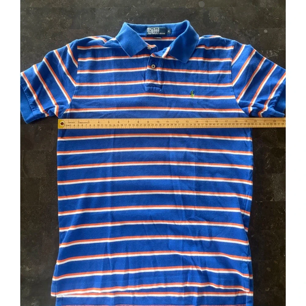 Polo Ralph Lauren Mens Blue Orange‎ Striped Cotton Pique Polo Golf Shirt